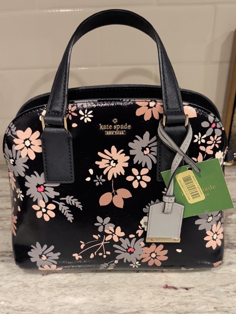 kate spade Navy Blue Wildflower Dome Crossbody Purse Pink and Gray Flowers